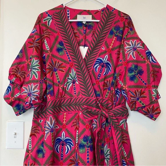 PRINTFRESH NEW Gabriela Midi Wrap Dress in Palm Tree Multi Pink Sz 1X - Picture 5 of 14